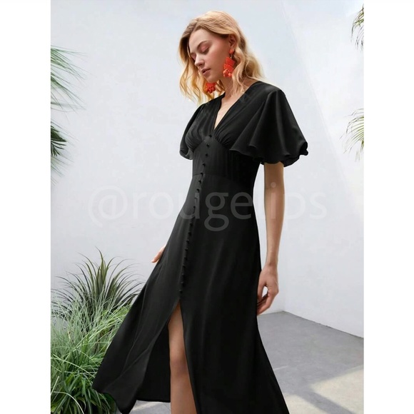 Black V-Neck Midi Dress Fit and Flare Butterfly Sleeve Faux Button Front - Picture 5 of 7